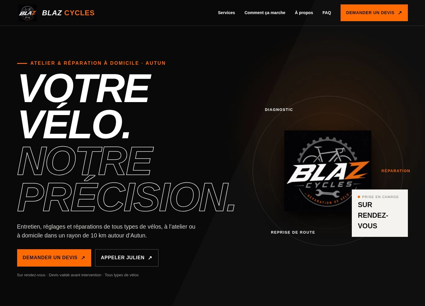 Aperçu de la page d’accueil de Blaz Cycles, avec les services de réparation vélo et les boutons de contact
